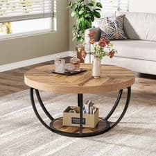 Image of Round Coffee Table, Industrial 2-Tier Circle Coffee Table with Storage Shelves