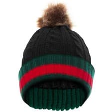 Image of Mens Womens Knitted Green/Red Stripe Hat Pom Pom Cable Knit Winter Warm Beanie