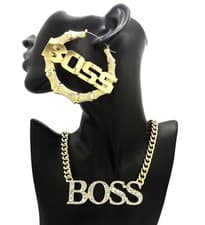 Image of ICED WOMEN BOSS PENDANT FASHION BLING NECKLACE & PINCATCH HOOP EARRING GIFT SET