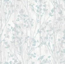 Image of Rasch Blue Duck Egg Floral Pattern On a Washed White Woodslats Wallpaper 271996