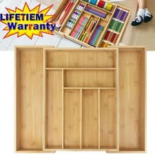 Image of Extendable Bamboo Cutlery Tray Drawer Organiser 6 7 8 Storage Insert Natural