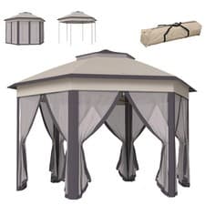 Image of Outsunny 3x4m Hexagon Gazebo w/ Mesh Curtains Outdoor Garden, Beige