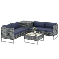 Image of Outsunny Rattan Garden Furniture Set with Storage Table, Cushions, Dark Blue