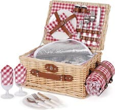 Image of Wicker Picnic Basket Hamper Set for 2 Insulated Willow with Blanket Cutlery