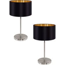 Image of 2 PACK Table Lamp Colour Satin Nickel Steel Shade Black Gold Fabric E27 1x60W