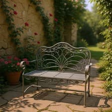 Image of 2 Seat Vintage Garden Bench - Grey Antique Finish, Wrought Iron, Easy Assembly