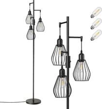 Image of Industrial Floor Lamp Dimmable 3-Light Standing Tree Cage Black Metal +3 Bulbs