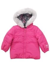 Image of London Fog Infant Girls Pink Gray Hearts Zip Up Warm Jacket w/ Hood & Beanie 18M
