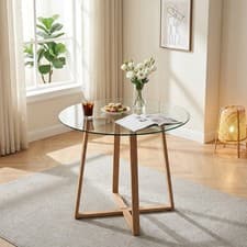 Image of 80cm round glass dining table, modern kitchen, wood grain iron legs, 2-4 People