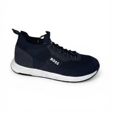 Image of BOSS Mens Trainers Dark Blue Casual Sneakers With Logo - Titanium Slon Size 9