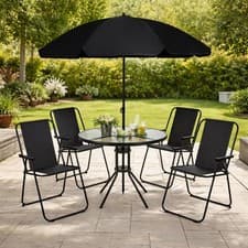 Image of 4 Seater Patio Dining Garden Set with Parasol Black Folding Table and Chairs Out