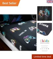 Image of Durable Black Single Fitted Sheet - Cartoon Gamer Design for Kids Room