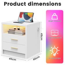 Image of LED Bedside Table 2 Drawers Cabinet Charging Station Nightstand Storage Modern