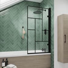 Image of Nuie Abstract Matt Black Framed Hinged Bath Screen 1520mm H x 830mm W 8mm Glass