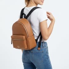Image of Coach Mini Charlie Womens Backpack Saddle Brown Pebbled Leather Padded Strap Bag