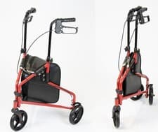 Image of NRS Healthcare 3 Wheel Steel Rollator Walker Walking Aid with Bag Red New