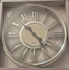 Image of Modern Wall Clock Round Black Silver Metal Roman Numeral Home Office