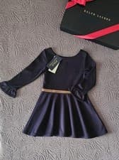 Image of New Ralph Lauren Navy Ruffle Cuffs Ponte Stretch Pony Logo Girls Dress 18-24M