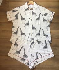 Image of Chelsea Peers Off White Black Giraffe Button Shirt Top & Shorts Pyjamas Set 18