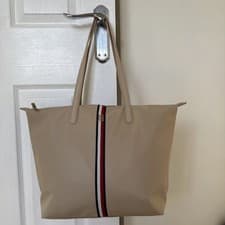 Image of Tommy Hilfiger Nylon Tote Bag fawn With Iconic Centre Stripe And Gold TH Logo
