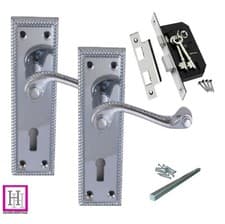Image of DOOR HANDLES CHROME CLASSIC GEORGIAN ROPE EDGE SCROLL LEVER LOCK AND LOCK & KEYS