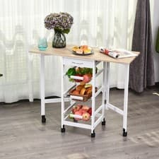 Image of Drop-Leaf Kitchen Trolley w/ 3 Baskets Drawer Surface Top 6 Wheels Rolling White