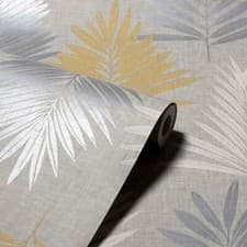 Image of Arthouse Grey Ochre Yellow Stripe Palm Leaves Geometric Linen Effect Wallpaper