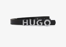 Image of HUGO Zula Leather Belt Black Size 32” 85cm Logo Detail Genuine Leather NEW
