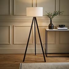 Image of Tripod Floor Lamp Base Standard Wooden Free Standing Living Room Light Lampshade