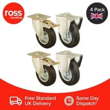 Image of Set of 4 150mm Rubber Wheel Castors Plate Fitting Heavy Duty 130kg Capacity UK