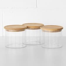 Image of Set of 3 Small 950ml Glass Storage Jars with Wooden Lids Kitchen Canisters Pots