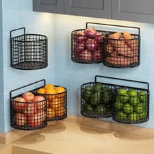Image of Wall Mounted Storage Basket Vegetable Fruit Rack Kitchen Durable Organiser Shelf