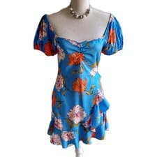 Image of QUIZ BNWT Faux Wrap Dress Blue Orange Peach Floral Puff Short Sleeve UK Size 8