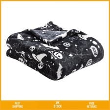 Image of Cosy Halloween Fleece Throw Reversible Spooky Bats Skulls Blanket 120x150cm