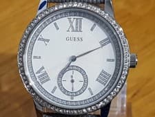 Image of Ladies Grey Leather Guess Sparkling Crystal Set Classic Analogue Watch
