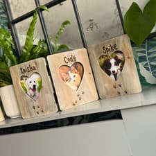 Image of Personalised Dog Cat Triple Photo Frame Engraved Paw Prints Driftwood Gift