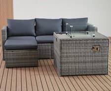 Image of Corner Rattan Garden Furniture Set with Fire Pit Table 4 Seater Outdoor Patio