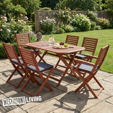Image of WOODEN OUTDOOR GARDEN FURNITURE 6 SEATER DINING TABLE FOLDING CHAIRS + CUSHIONS