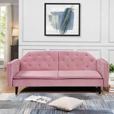 Image of Plush Velvet Tufted Sofa Bed Blue Green Grey Pink With Black and Gold Legs