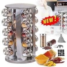 Image of NEW Stainless Steel 20 Jar Revolving Spice Rack Stand Carousel Rotating Glass UK