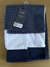 Image of 100% Cotton Tea Towels Set of 3 Towel In Navy Blue and White Kitchen Cloth NEW