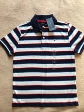 Image of BNWT TOMMY HILFIGER BOYS NAVY WHITE STRIPED POLO SIZE M (8/10)