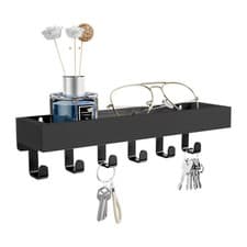 Image of Rustic Wall Key Rack 6 Hooks Shelf Solid Wood Entryway Organizer for Home Decor