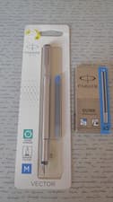 Image of Parker Vector Fountain Pen Stainless Steel CT New with Extra Cartridges