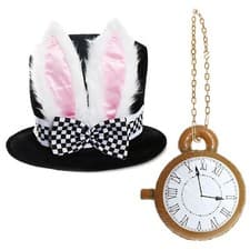 Image of WHITE RABBIT EAR BLACK TOP HAT + WATCH CLOCK WONDERLAND BUNNY BOOK ADULT SCHOOL