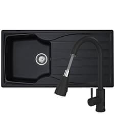 Image of Liquida CMP10BL 1.0 Bowl Reversible Black Kitchen Sink And KPO11MB Black Tap