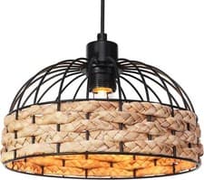 Image of Modern Rattan Ceiling Pendant Light Metal & Woven Wicker Hanging Lamp Shade