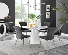 Image of Palma White High Gloss Round Dining Table & 6 Nora Black/Silver Leg Chairs