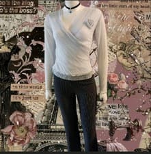 Image of NWT Vtg Y2K She's Sz S metallic silver sheer Wrap Style Top W/ Floral Detail