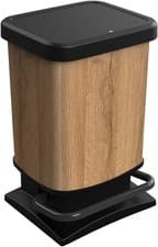 Image of Rubbish Bin 20l with Pedal and lid, Rotho Paso Plastic Waste Bin - Brown Wood